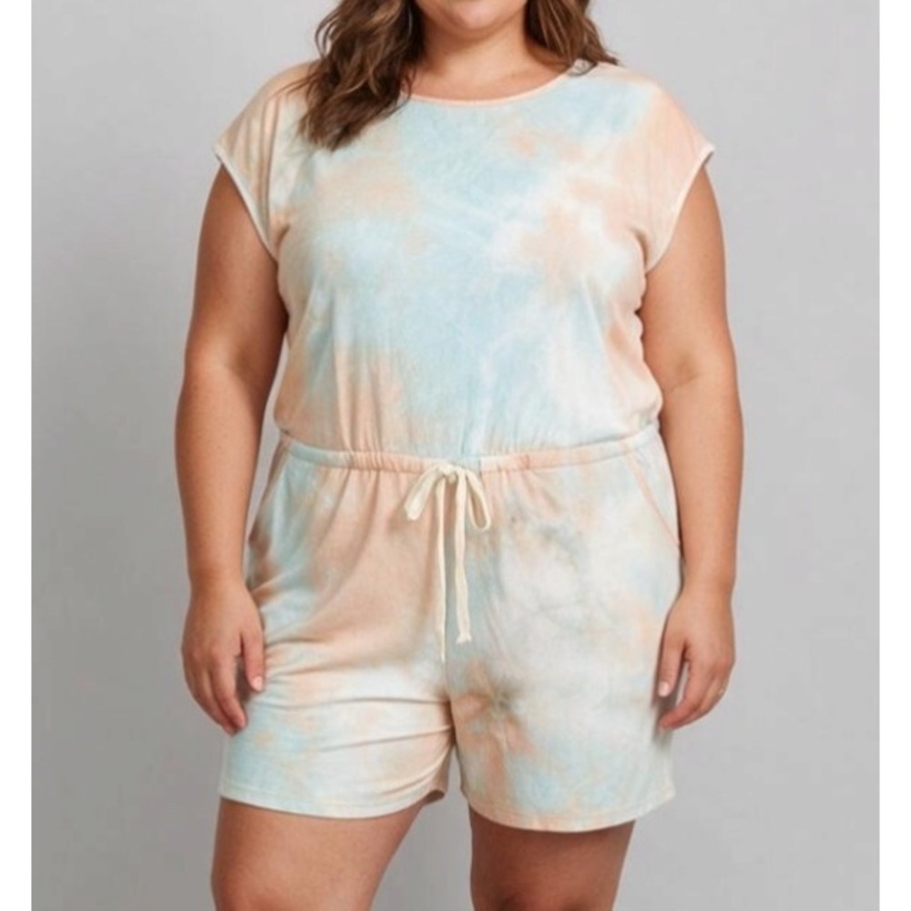 New SYMPHONY Peach/Blue TIE-DYE French Terry SLEEVELESS Sweatshirt ROMPER Sz 2X